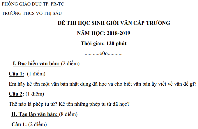 Đề thi chọn học sinh giỏi cấp trường môn Ngữ văn 9 năm 2018-2019 có đáp án - Trường THCS Võ Thị Sáu