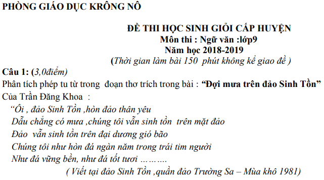 Đề thi chọn học sinh giỏi cấp huyện môn Ngữ văn 9 năm 2018-2019 có đáp án - Phòng GD&ĐT Krong Nô