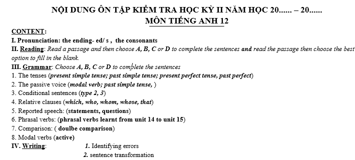 Nội dung ôn tập kiểm tra học kỳ 2 môn Tiếng Anh lớp 12
